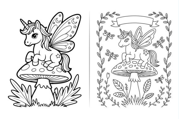 Unicorn Mushroom Line Art Vector Drawing